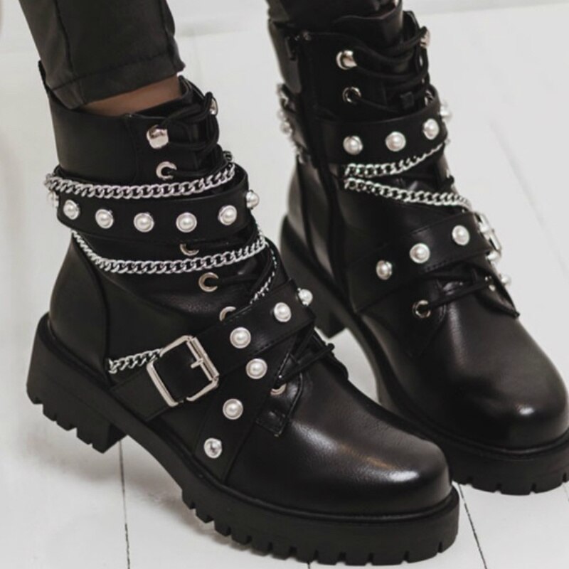 Kvinner punk motorsykkel støvler metall kjede dekorasjon plattform firkantet hæl studded zip trend kule biker sko kvinne