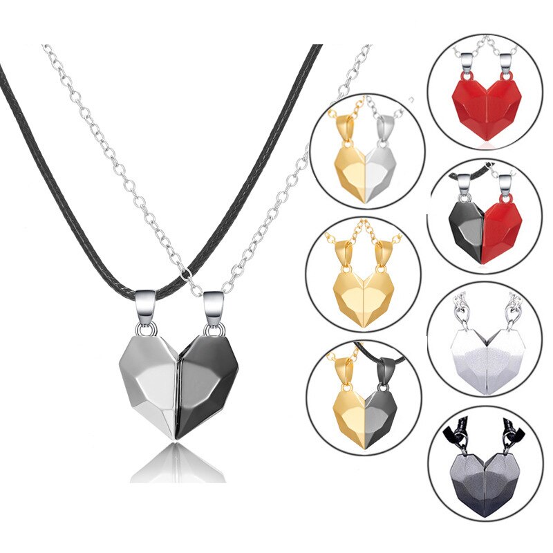 2Pcs Heart Magnetic Couple Necklace for Women Heart Faceted Magnet Pendant Necklace Distance Wishing Stone Valentine&#39;s Day