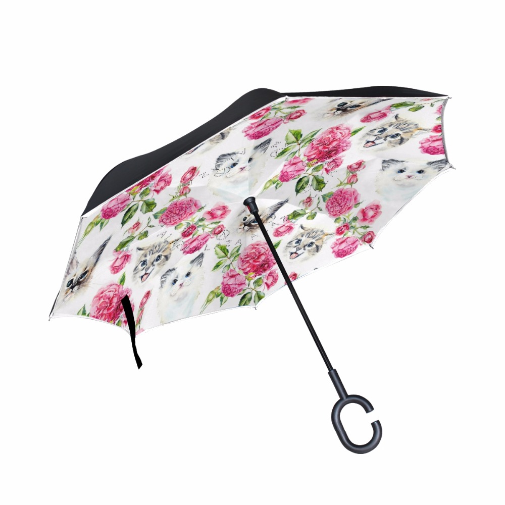 Parapluie inversé chat Double couche impression coupe-vent c-crochet mains pluie voiture grands parapluies inversés pour hommes/femmes