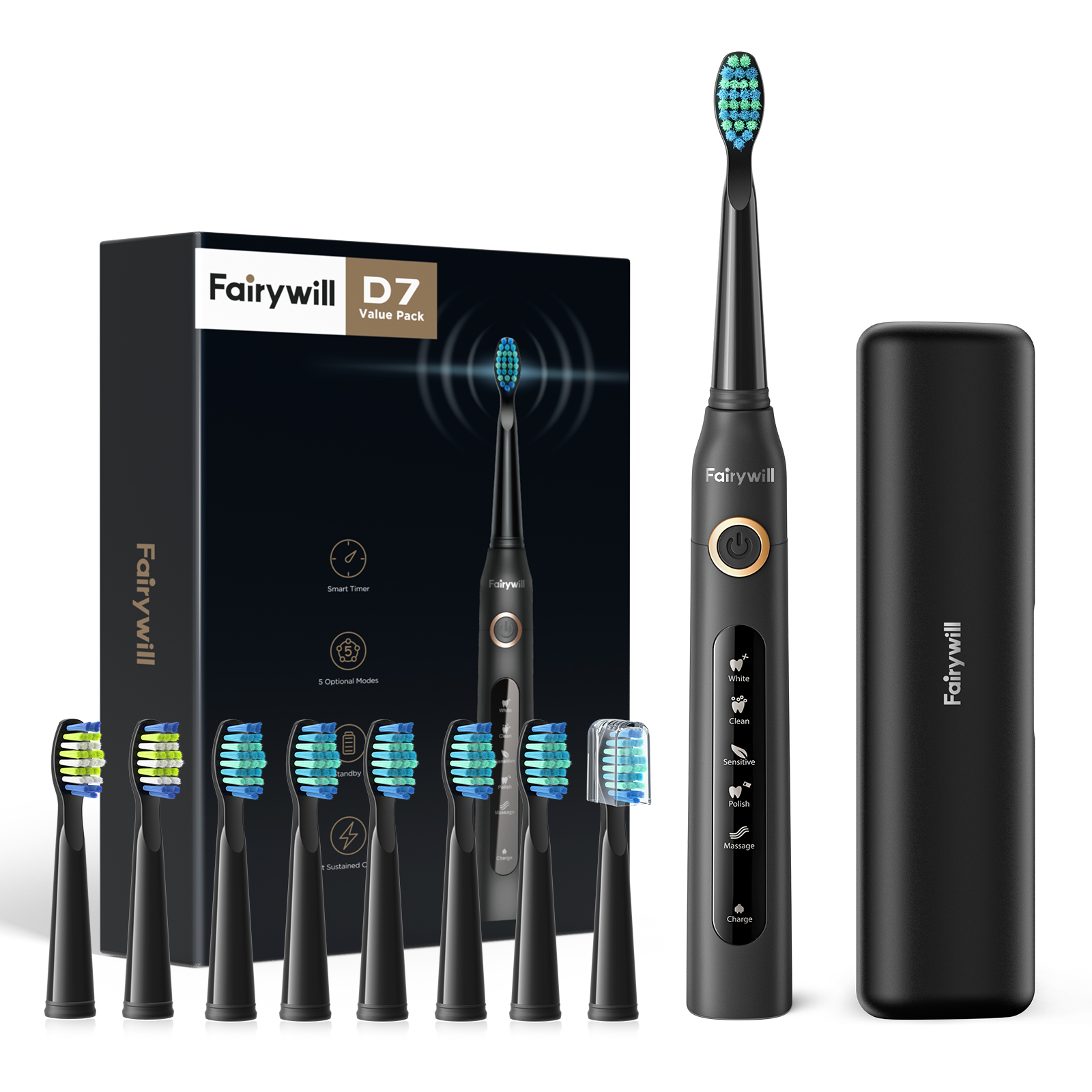 Fairywill Electric Sonic Toothbrush FW-507 Rechargeable USB Charge Waterproof Electronic Tooth 8 Brushes Replacement Heads Adult: FW-ET507-420-8BH