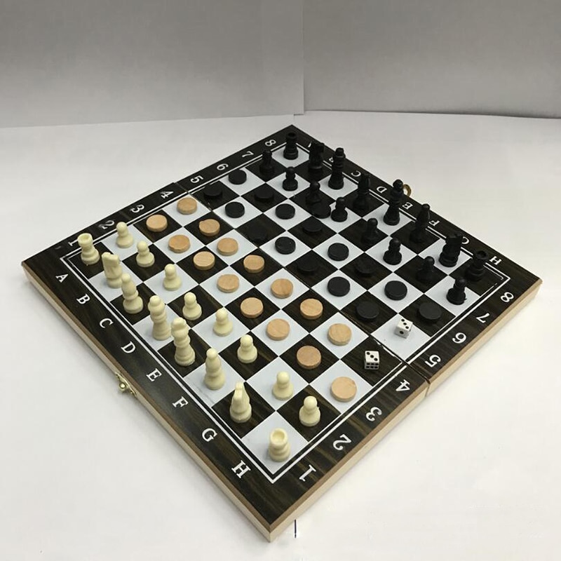 3 in 1 Chess Board International Chess Set Portable Wooden Chessboard Travel Board Games Backgammon Checkers Pieces