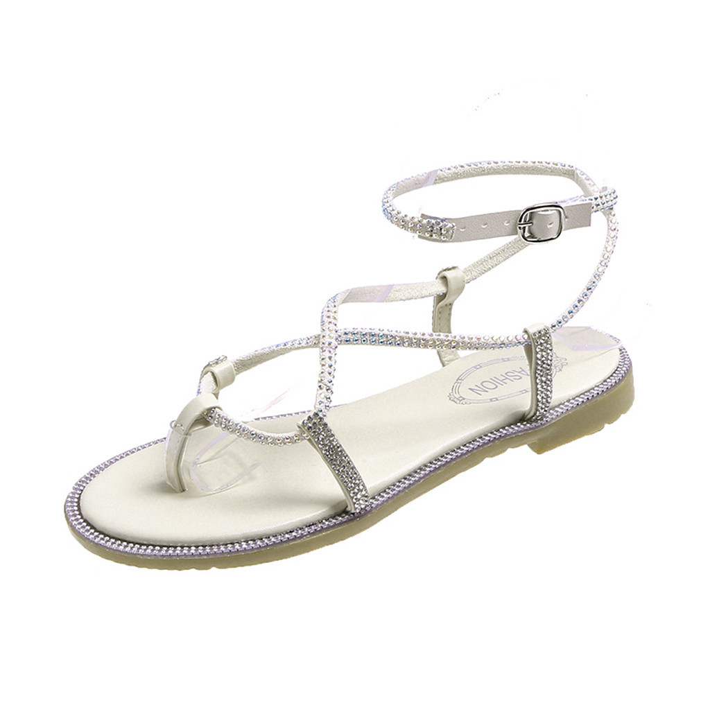 SAGACE Summer women's sandals Korean version of the wild flat bottom pin open toe cross winding straps rhinestones Roman sandals: Silver / 36