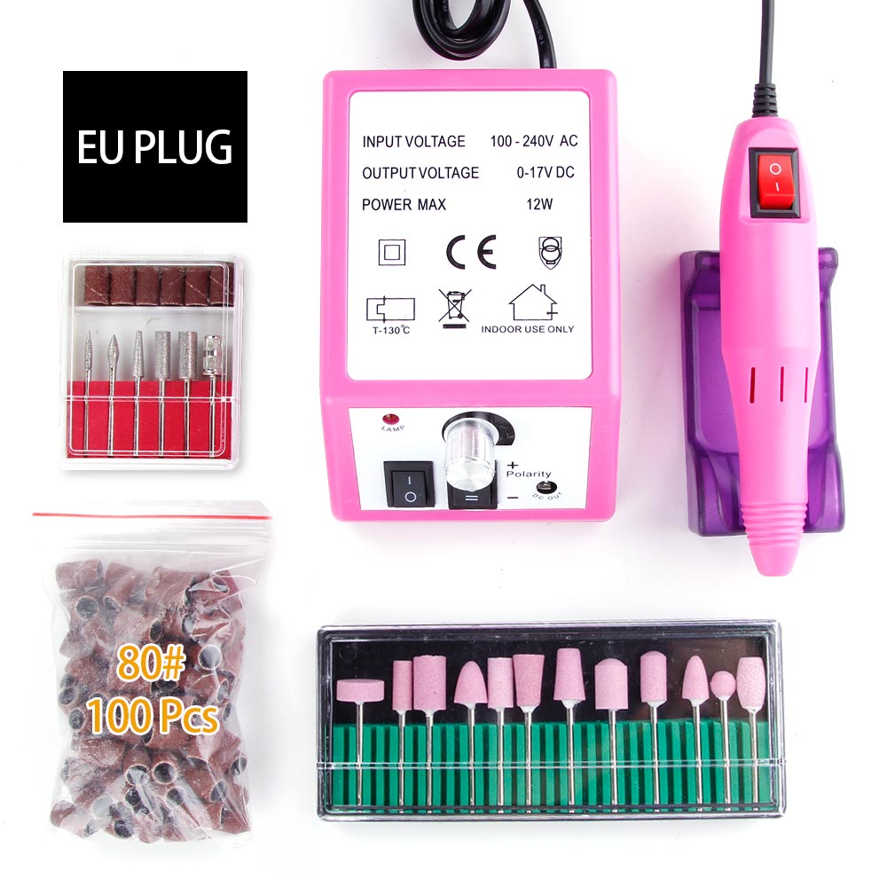 Electric Machine Apparatus for Manicure Pedicure Nail Tools 12Pcs Quartz Nail Drill Bits Nail Tools 100Pcs Sanding Bands EU Plug: 3