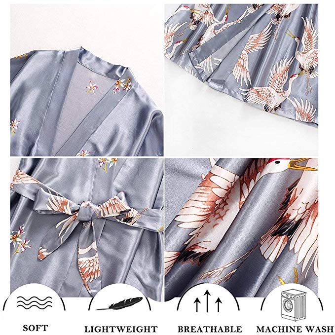 Grau Satin- Lange Bademantel Frauen Hochzeit Braut Brautjungfer Kleid Nachthemd Nachtwäsche Druck Kran Kimono Größe S M L XL XXL XXXL