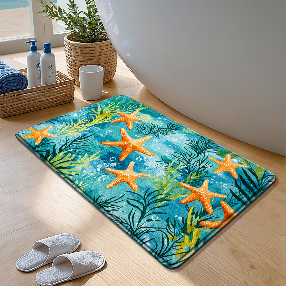 Alfombra de baño con temática oceánica - Alfombra de esponja ultrasuave - Absorción rápida y secado rápido - Antideslizante y agradable para la piel - Decoración del baño: Rosa / 500mmx1000mm