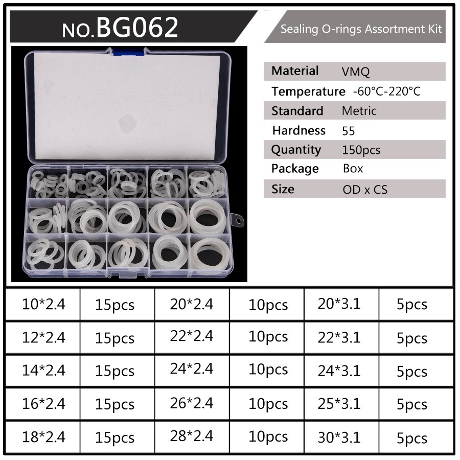 Silicone VMQ Blanc Joints toriques OD 6mm-20mm CS 1.5mm 1.9mm Durable JOINTS TORIQUES Assortiment Kit 10 Tailles 150 Pièces/ensemble BG037: BG062 x1