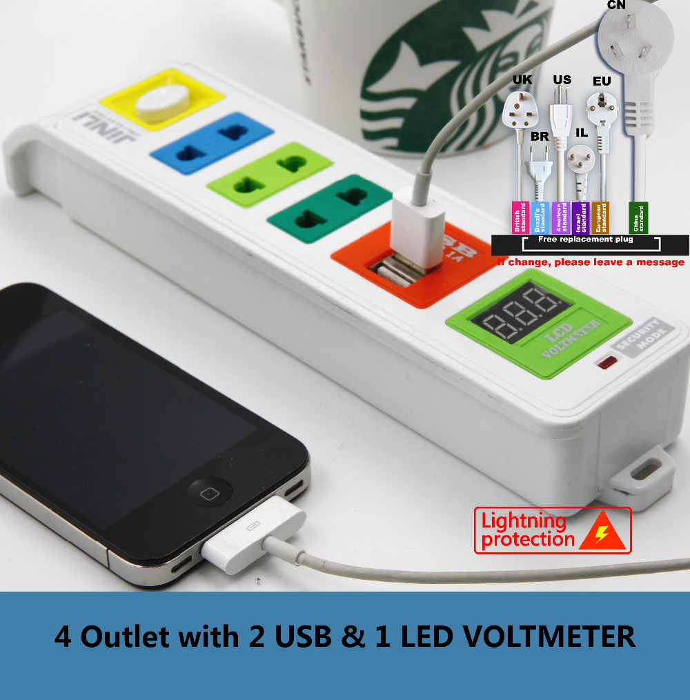 BR IL AU US UK EU plug 3 Outlet & 2 USB & LED VOLTMETER Portable Charger Socket with price