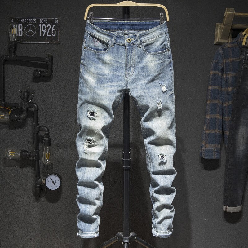 Heren jeans gaten gerafeld hiphop gescheurd lichtblauw stretch slim leg streetwear distressed moto biker jeans mannelijke denim broek ,849