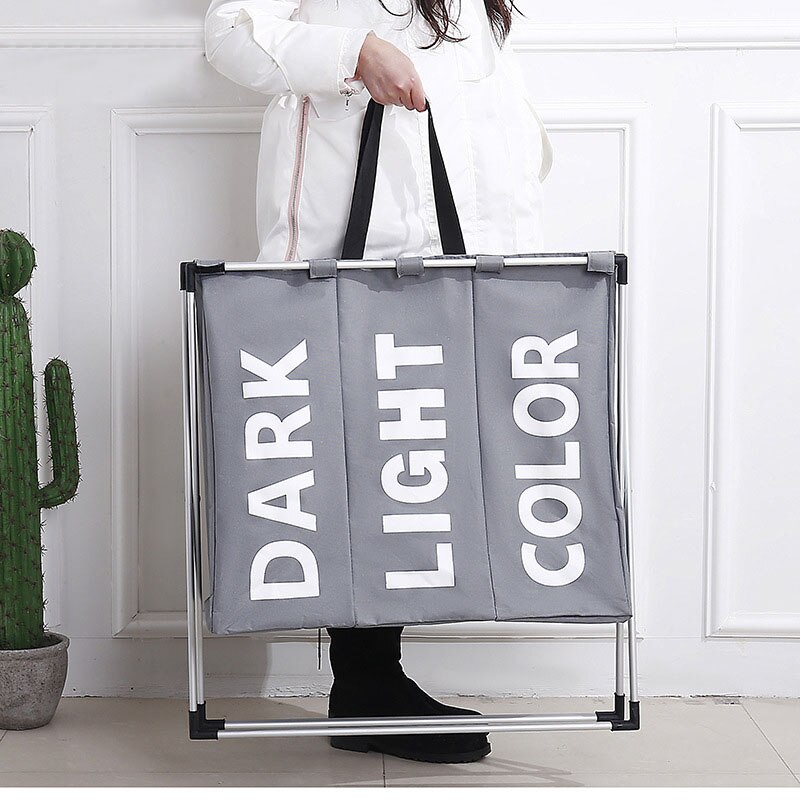 Collapsible Dirty clothes laundry basket Three grid bathroom laundry hamper Organizer home office metal storage basket: medium gray 3 grid