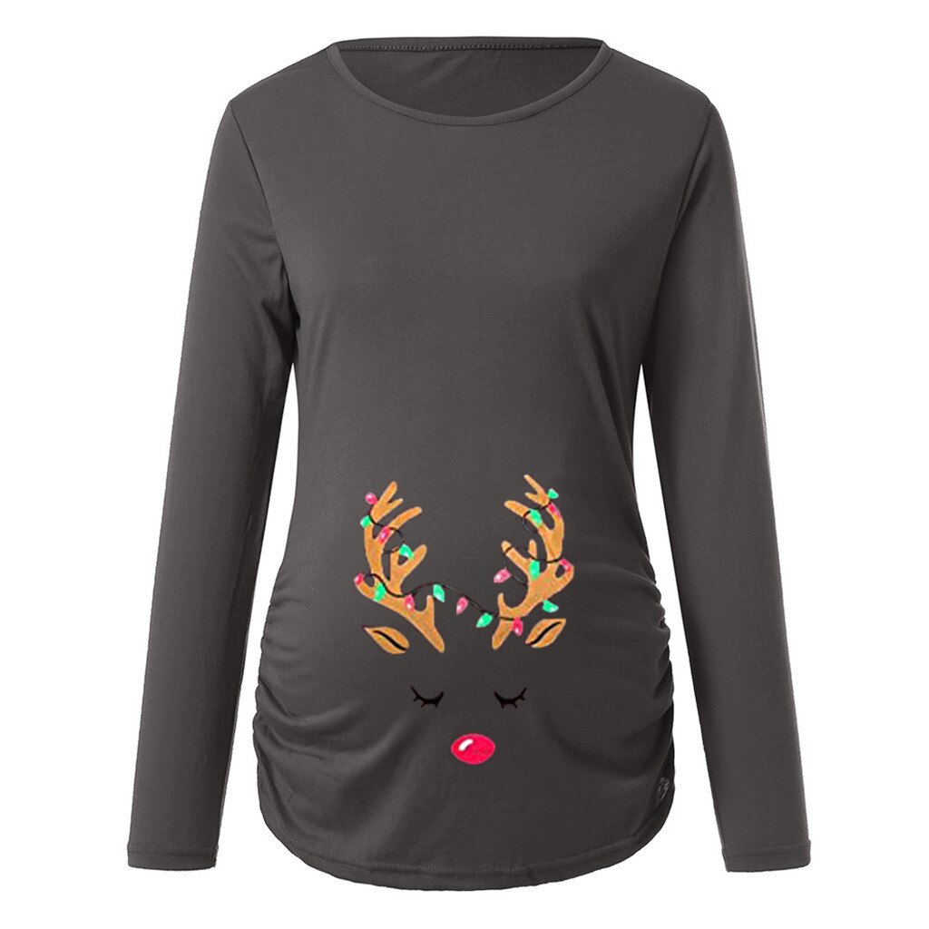 Christmas Maternity Clothing Women's Print Christmas Side Ruched Long Sleeve Maternity Top Pregnancy Clothes Maternity Blouse