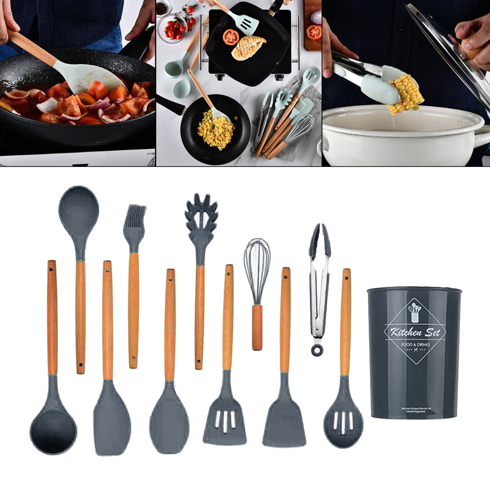 11PCS Nonstick Cookware Non Scratch Wooden Handle Anti-scalding Turner: Dark Grey