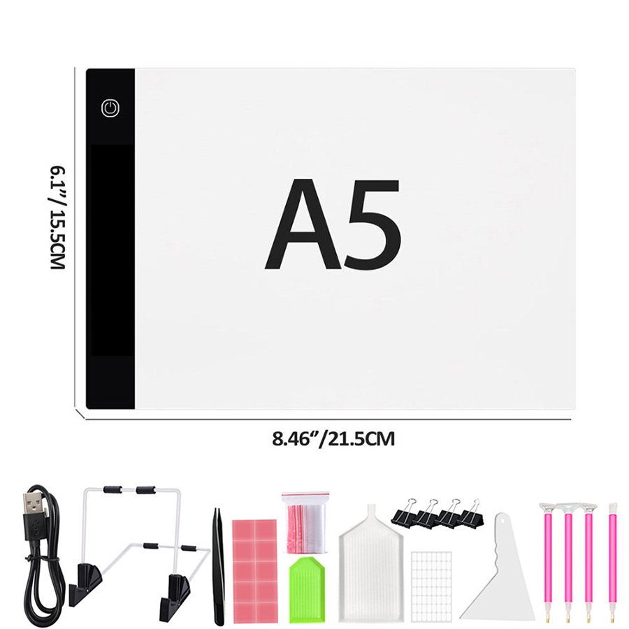 Tablette lumineuse LED A5/A4/A3 pour dessin et peinture diamant, support pour stylo, réglable, alimenté par USB, pour dessiner, tracer, accessoires: A5 Set