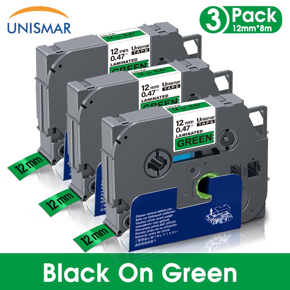 Unismar 3PK Black on White TZe-231 TZe231 Laminated Label Tape 12mm Printer Ribbon for Brother P-touch PT-1000 Label Maker: Black on Green