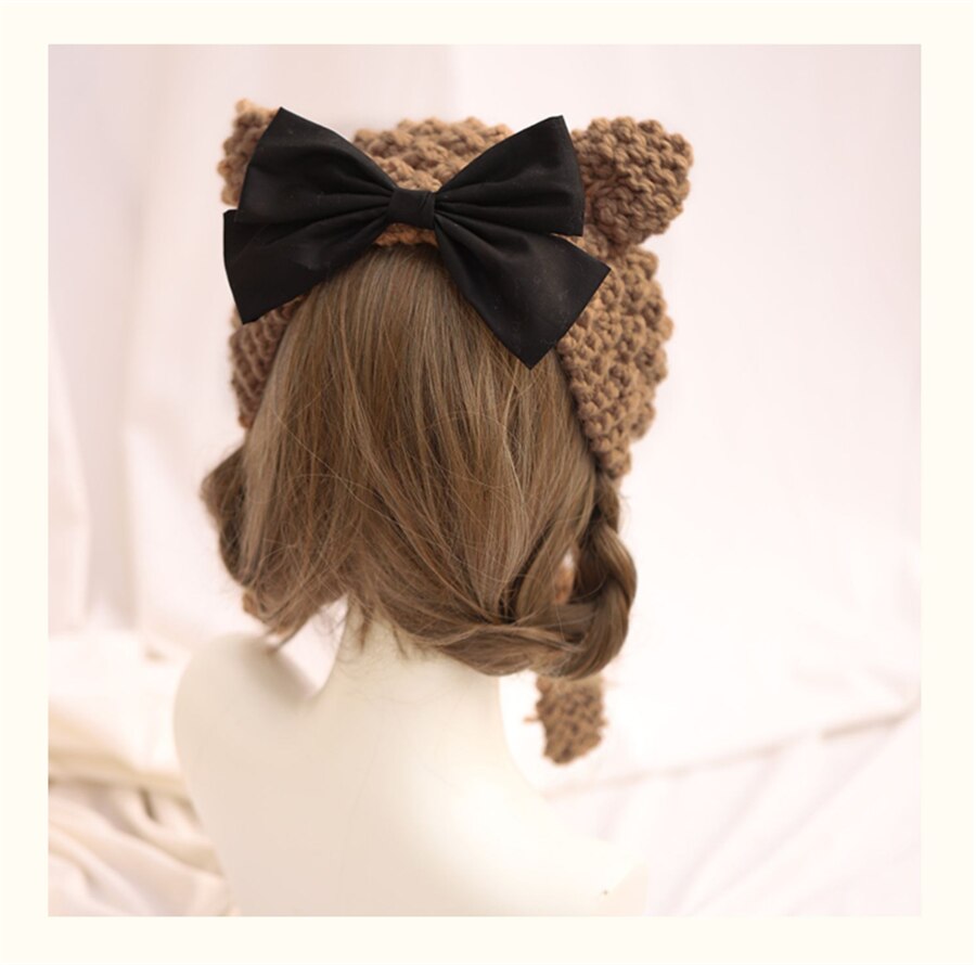 Handgemaakte Lolita Kawaii Meisje Kameel Beer Oor Met Strik Warme Wollen Muts Winter Ear Muff Gebreide Cap D559