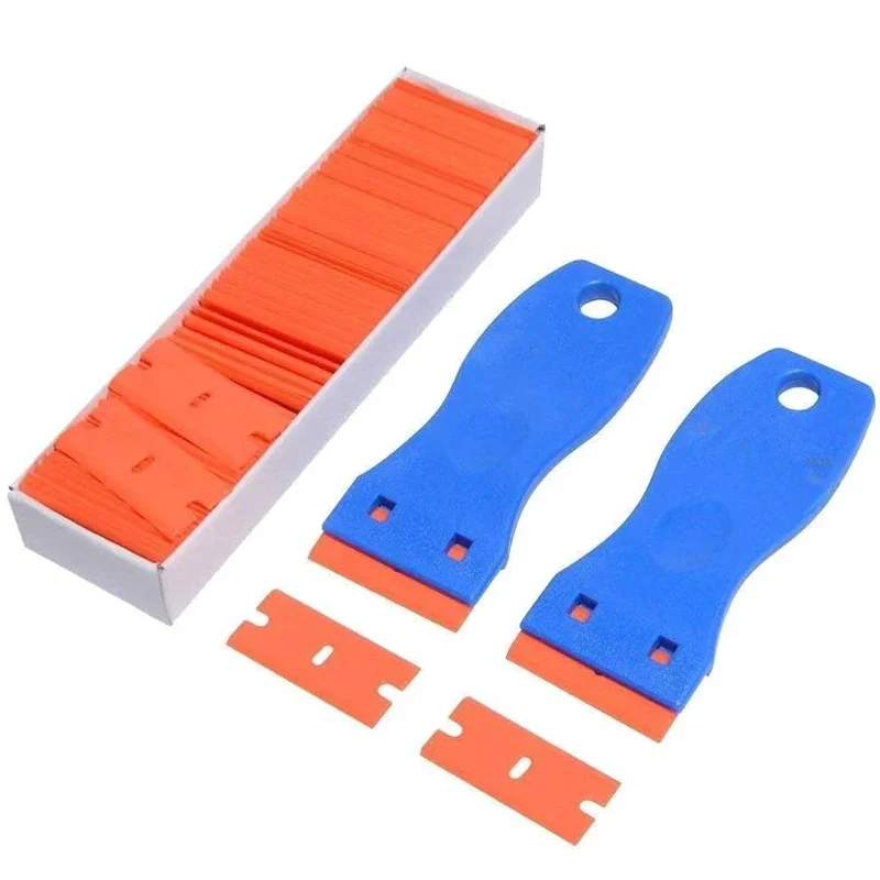 100 Pieces Two Cutting Plastic Razor Blade Label Clean Razor Glue Remover Window Glass Clean Scraper Car Wrap Sticker Squeegee: Gold