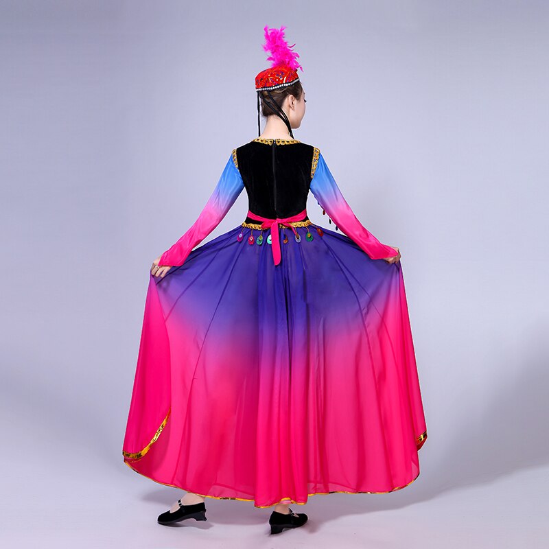 Traje de baile Xinjiang, falda grande de vuelo para mujeres con viento minoritario Uyghur, falda grande para mujeres y adultos