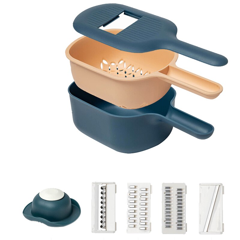 Pp Rvs Groentensnijder Slicer Dunschiller Opslag Mand Rasp Keuken Tool Voor Aardappel Wortel Kaas, Marineblauw