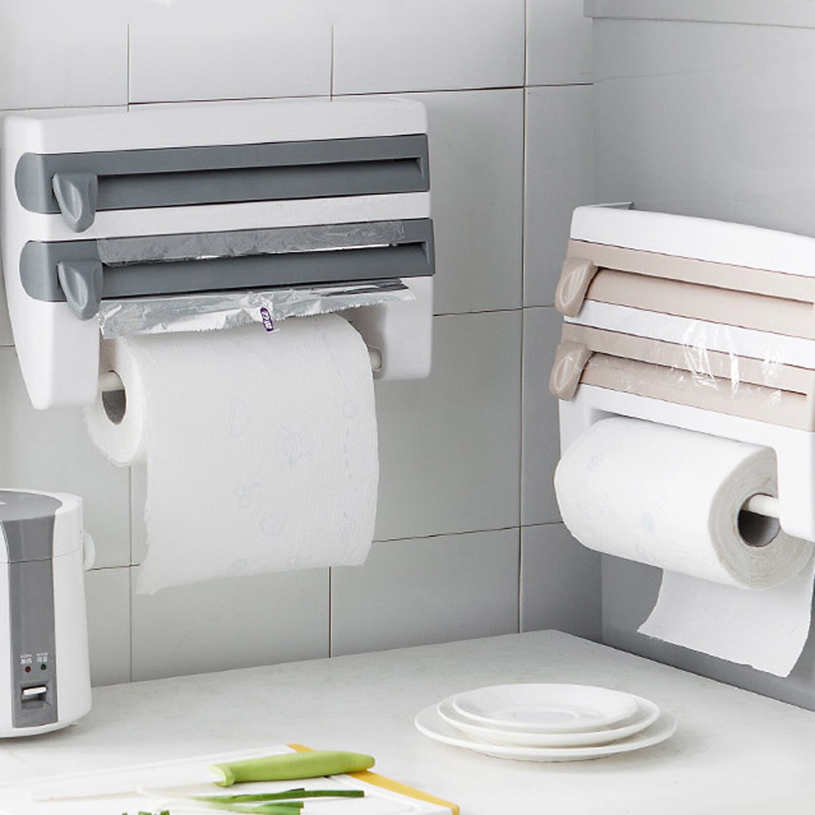 3-In-1 Kitchen Wrap Dispenser Multifunctional Wall-Mounted Plastic Foil Dispenser with Slide Cutter White/Khaki/Gray