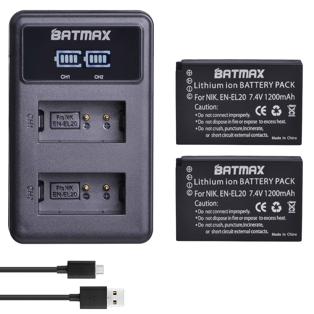 Batmax fi -el20 en-el20a fi  el20 en el20a akku + led usb kaksoislaturi nikon coolpix  p1000 nikon  s1 j1, j2, j3 nikon 1 aw1: 2b laturin kanssa