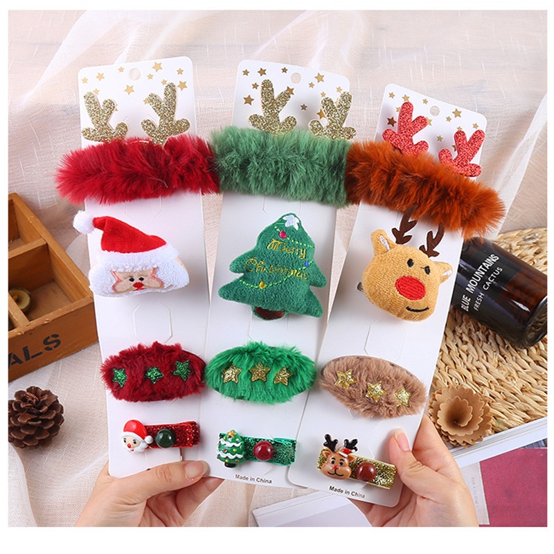 Bonito 4 peça conjunto bebê menina natal hairpin dos desenhos animados fecho decorativo elegante elk santa árvore de pelúcia crianças presente acessório do cabelo