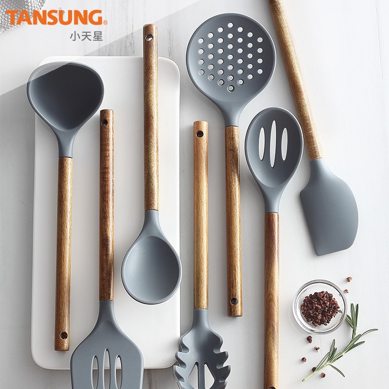 Kitchen Utensils Silica Gel Cooking Spoon Leaky Spoon Acacia Wood Spatula Wooden Handle Silicone Kitchenware Set Spatula