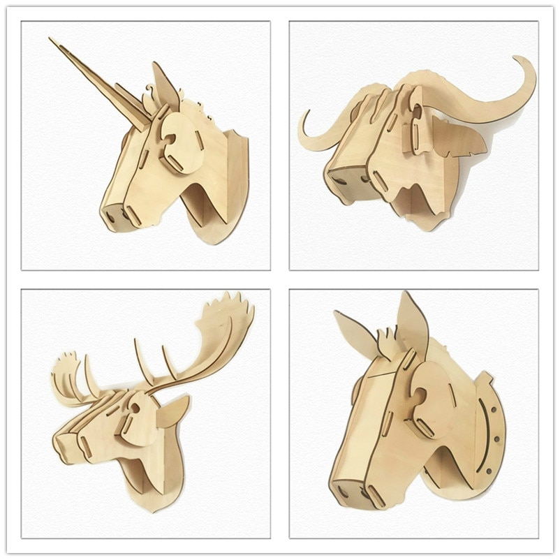 3D Houten Dierenkop Muur Opknoping DIY Creatieve Puzzel multiplex Eenhoorn Hoofd Voor Home Decor MDF Ambachten Kunst Muur decoratie