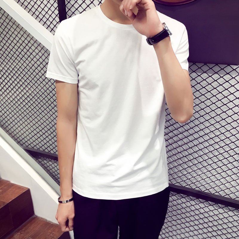 Men's T-Shirt Loose Slim Casual Trendy Basic Tops Summer White Short Sleeve Stretch Solid Tees Soft Male Clothing