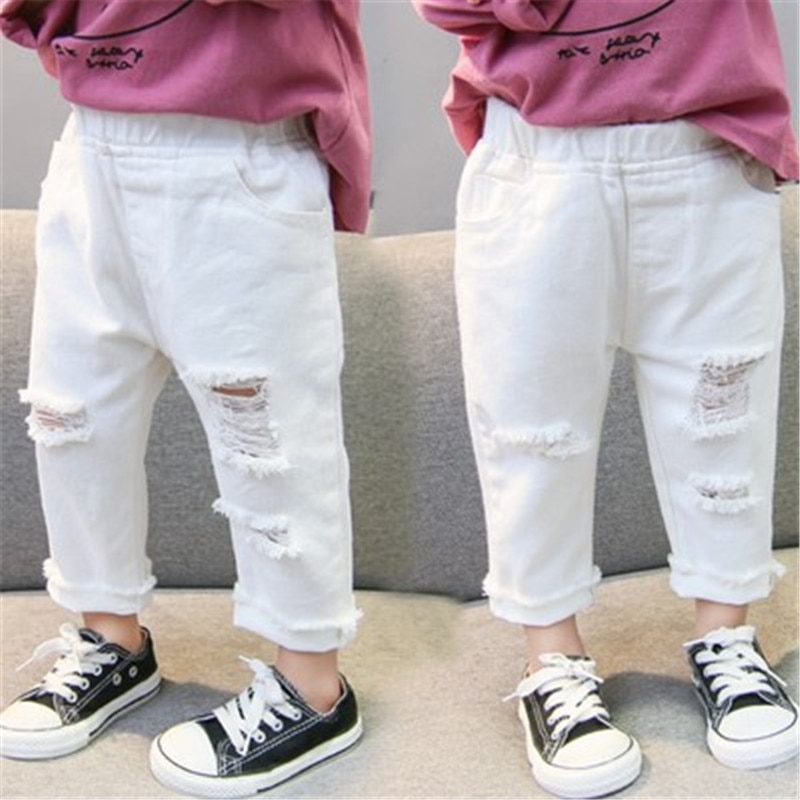 bébé filles déchiré jean enfants enfants trou cassé pantalon blanc couleur filles taille élastique Denim pantalon filles Denim crayon pantalon