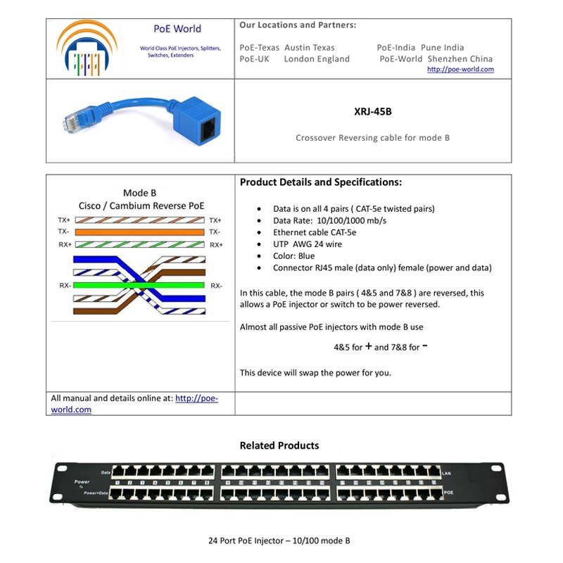 Crossover Reversing cable mode B pairs ( 4&5 and 7&8 ) are reversed can use for Cisco/ Cambium reverse POE