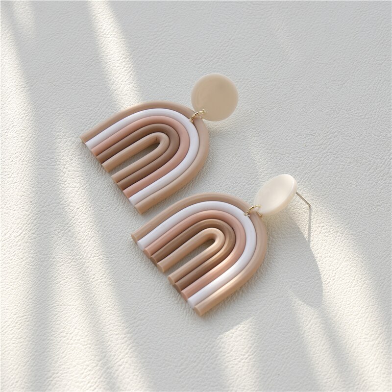 AOMU Ethnic Boho Gradient Ceramic Clay Rainbow Color Arched Colorful Line Handmade Long Dangle Earrings for Women Jewelry