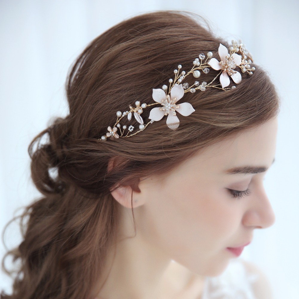 Parel Strass Bloem Bruid Haarband Haar Ornamenten Bruiloft Accessoires Bruid Tiara Gouden Kleur Bloem Haaraccessoires
