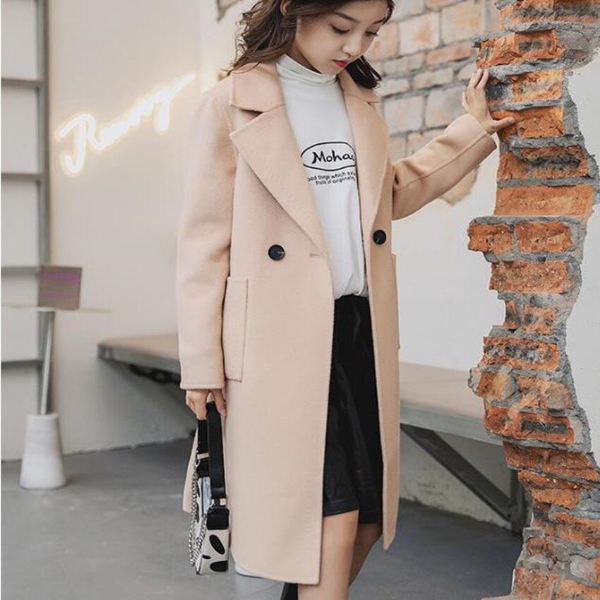 Abrigo largo de lana para niña adolescente, prenda de vestir de mezcla de lana suelta con doble botonadura, estilo inglés, Invierno: Beige / 120