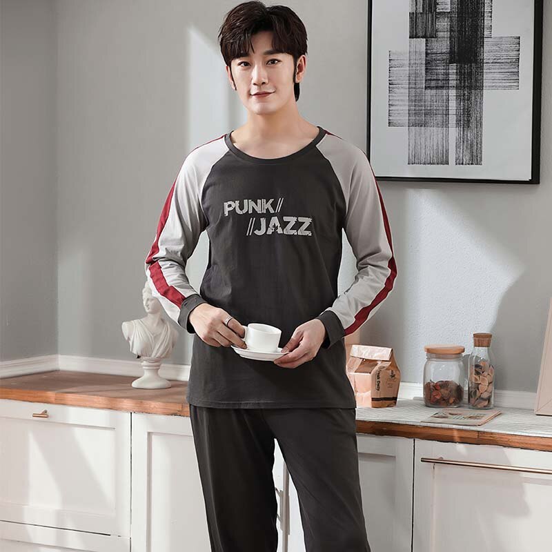 SONG Spring Autumn Long Sleeve Pajama Sets 2 Pieces Print Home Wear Leisure Warm Pyjamas Men's Sleepwear Young