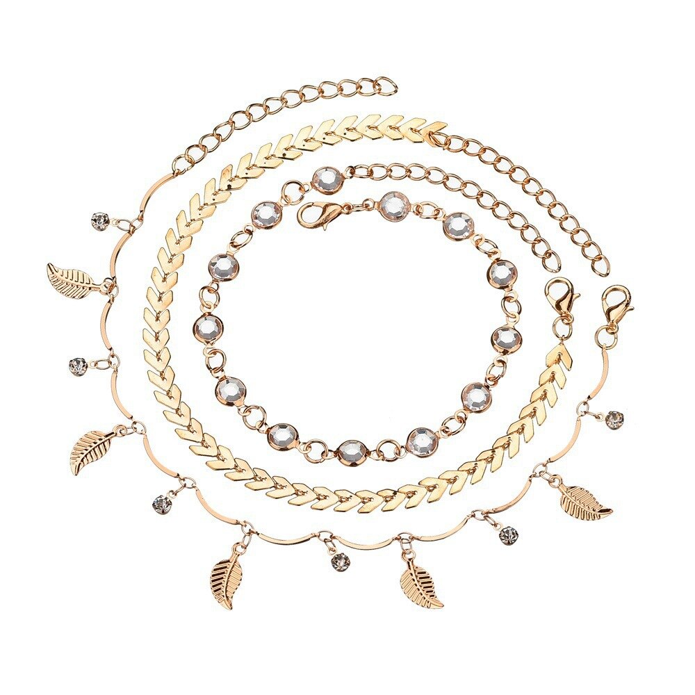 Summer Ladies Leaf Anklet with Round Alloy Arrow Anklet Three-Piece Crystal Leaf Anklet Popular Accessories: Gold-color