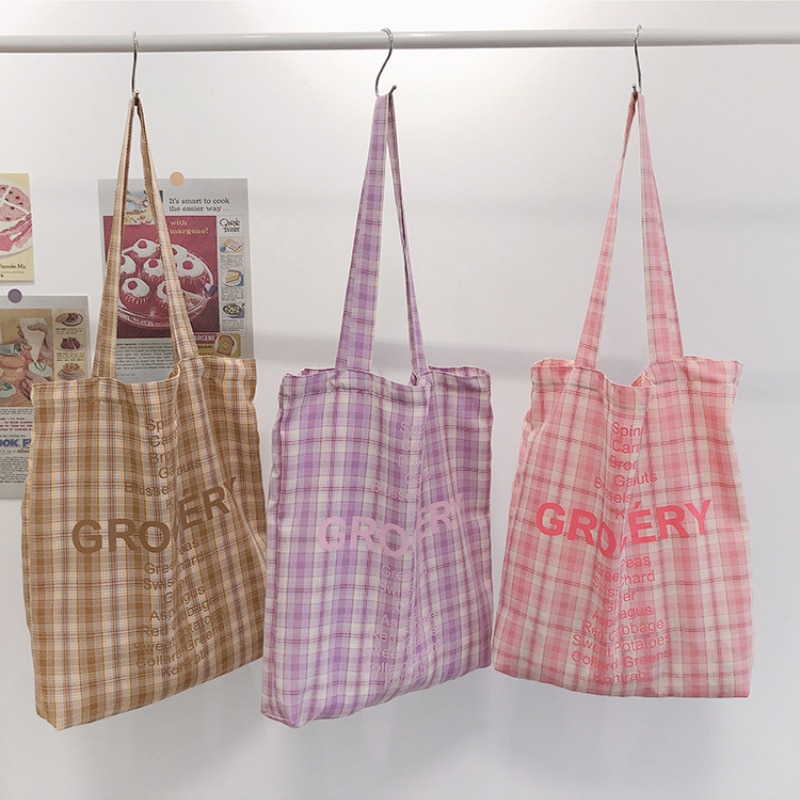 Süße, bonbonfarbene damen-einkaufstasche aus Segeltuch, große kapazität, schultertasche für studentinnen, retro-karo-damen-freizeittasche