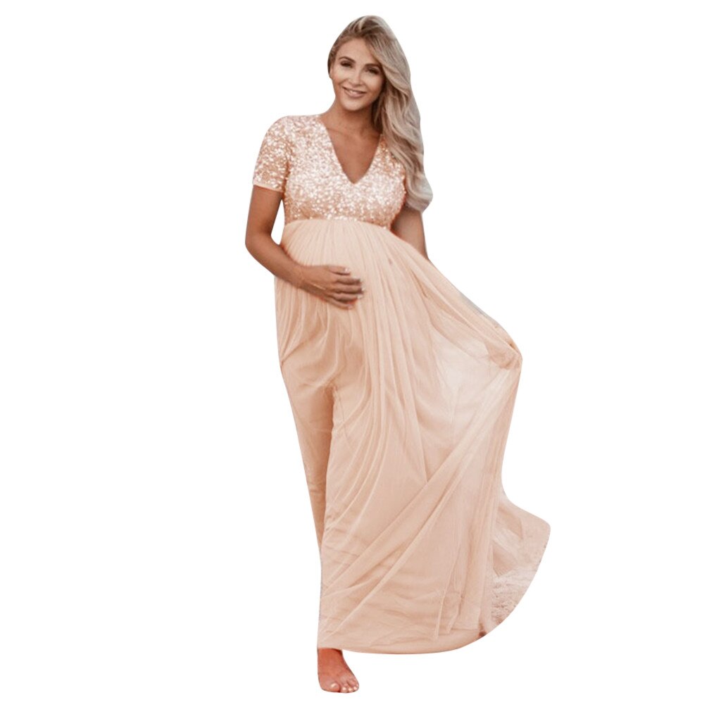 Kvinder kjole barsel fotografering rekvisitter blonder graviditetstøj gravid kortærmet sequined solid kjole ropa embarazada: L