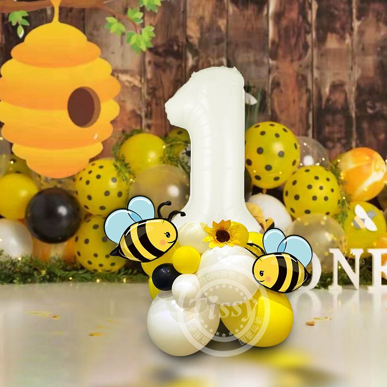 23pcs Carton Bee Balloons Tower 32inch White Number Balloon for Kids Bee Themed Happy Birthday DIY Party Decoration Supplies