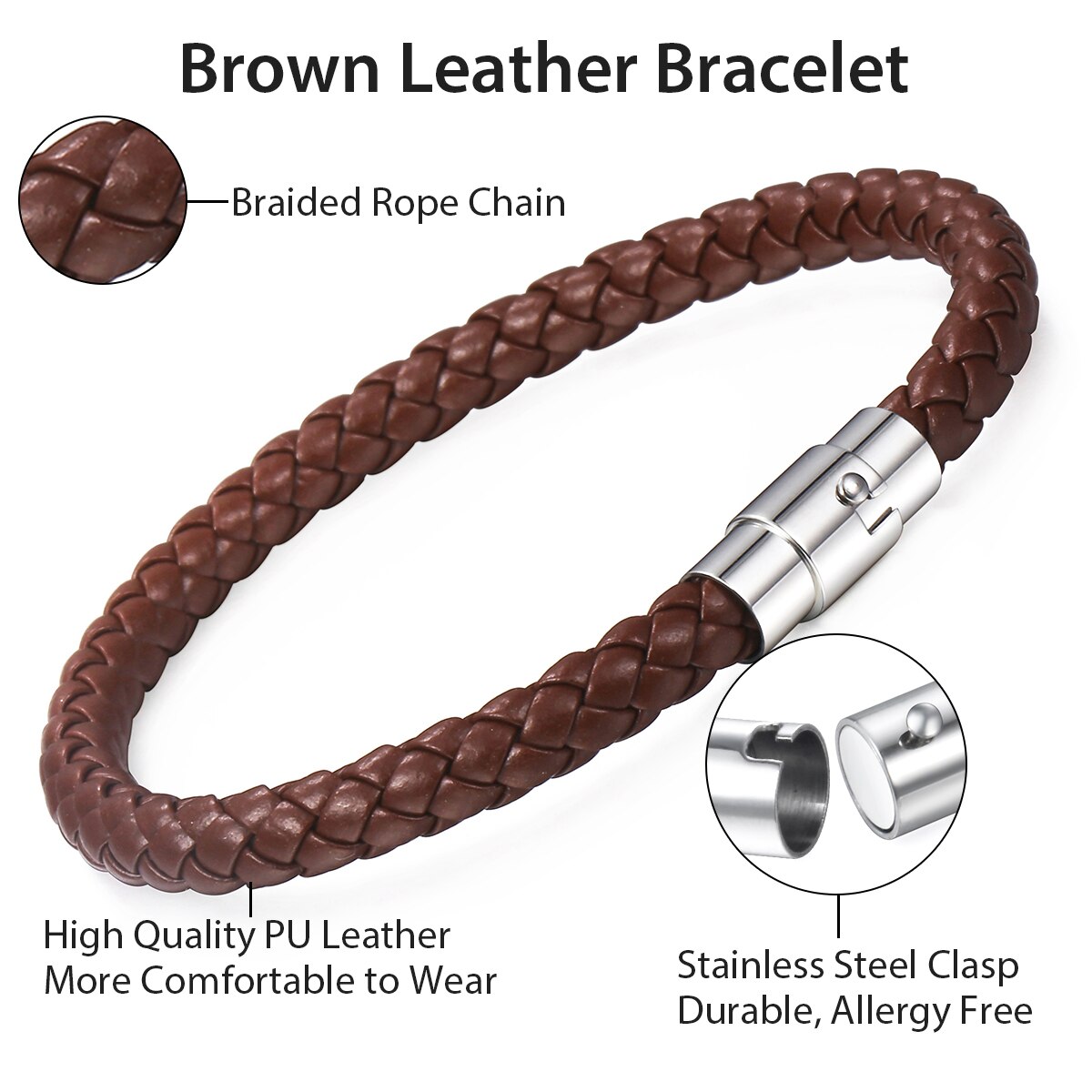 Davieslee 4/6/8mm Leather Bracelet For Men Black Braided Rope Stainless Steel Clasp 20/23/25cm Men's Bracelet DLBM118: 6mm Brown LB724 / 10inch 25cm