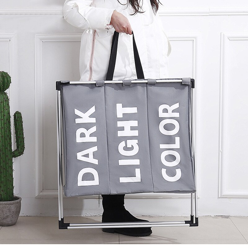 Collapsible Dirty clothes laundry basket Three grid bathroom laundry hamper Organizer home office metal storage basket