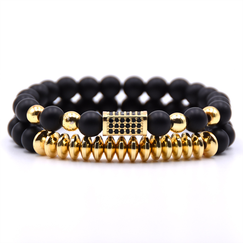 2 pçs/set Micro Pave CZ Longo praça Encantos Pulseiras para mulheres dos homens 8 milímetros Fosco contas de pedra Pulseira de homens jóias presentes