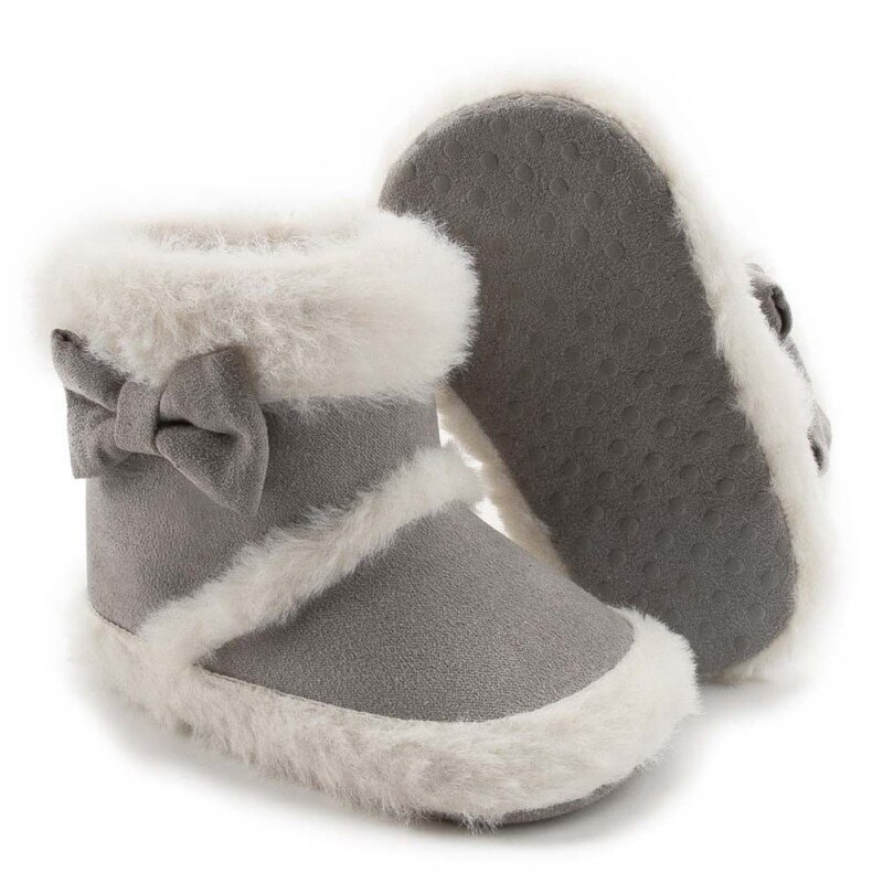 Baby Shoes Soft Sole Walking Shoes Bow Down Warm Snow Boots Khaki 12-18M In Autumn And Winter: Gray / 13-18 Months