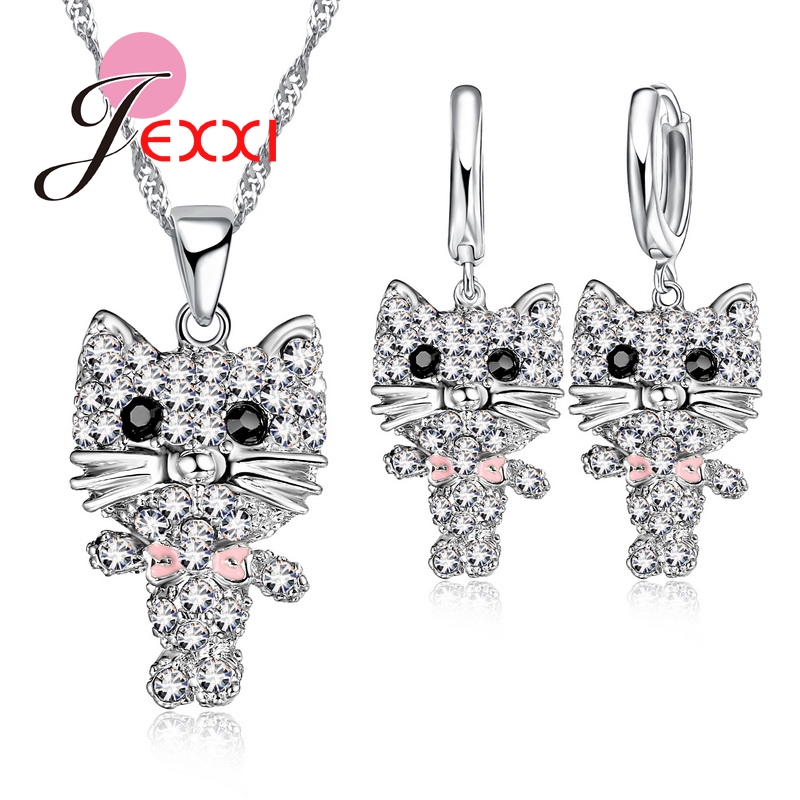 Lovely Cubic Zirconia Cute African AAA Cat Collier Necklace 925 Sterling Silver Earrings Sets Party Anniversary Jewelry