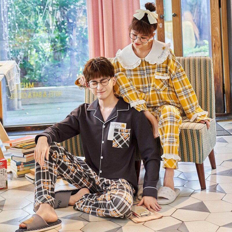 Couple Clothes Matching Set Sleep Wear Spring Autumn Pyjama Coton Long Sleeved Plaid Casual Couple Pajamas Home Service Suit