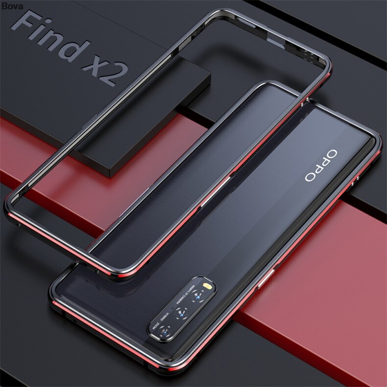 Luxury Ultra Thin aluminum Bumper Case for OPPO Find X2 Case 6.7-inches+ 2 Film (1 Front +1 Rear): Red Black / Only Case