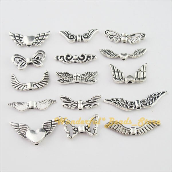 30Pcs Mixed Antiqued Tibetan Silver Tone Wings Charms Pendants For Jewelry Craft DIY