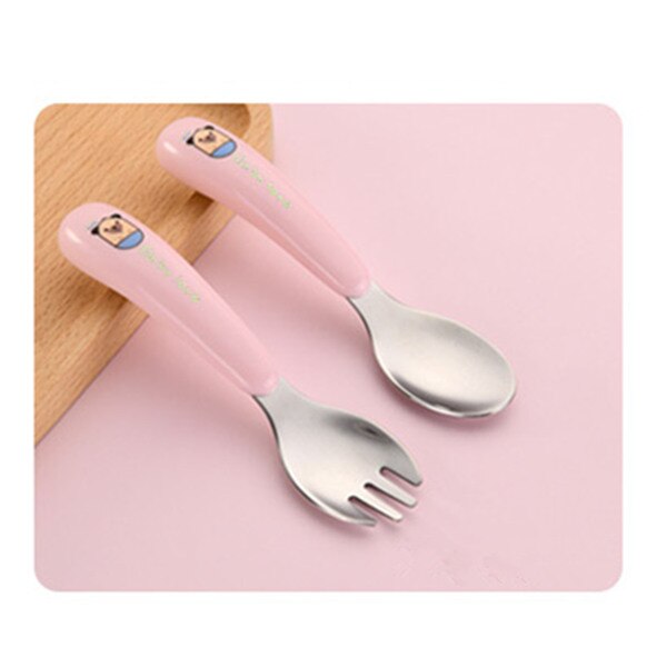 2Pc Portable Box Packed 304 Stainless Steel Kids School Lunch Use Fork and Spoon Cutlery Set Children Feeding Inox Flatware Set: Pink dog