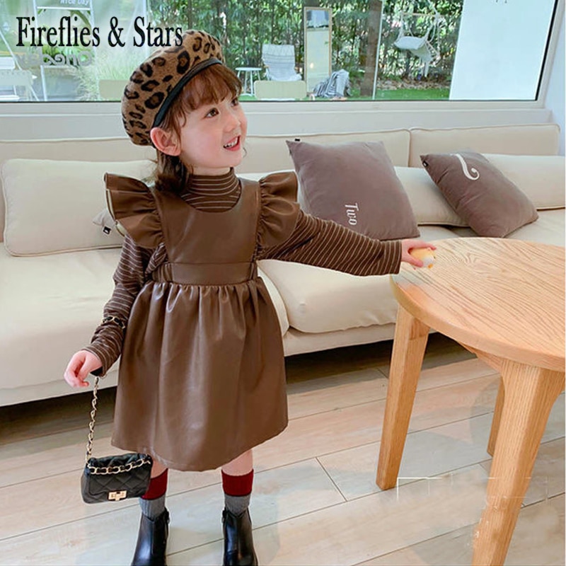 Wiosenna jesienna dziewczęca sukienka na szelkach dziecięca sukienka z PU dla dzieci dziecięca spódnica z dzianiny faux Skórzany ruched latający rękaw od 1 robić 7 lat