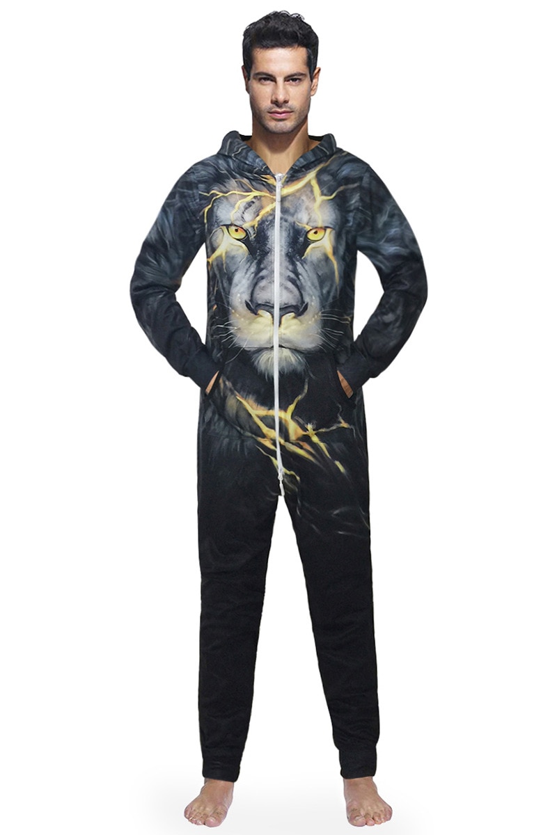 Casual Tiger 3D One-piece Jumpsuit Mens Pajama Playsuits Zipper Hoodies Casual Long Sleeve Jumpsuit For Male Overalls