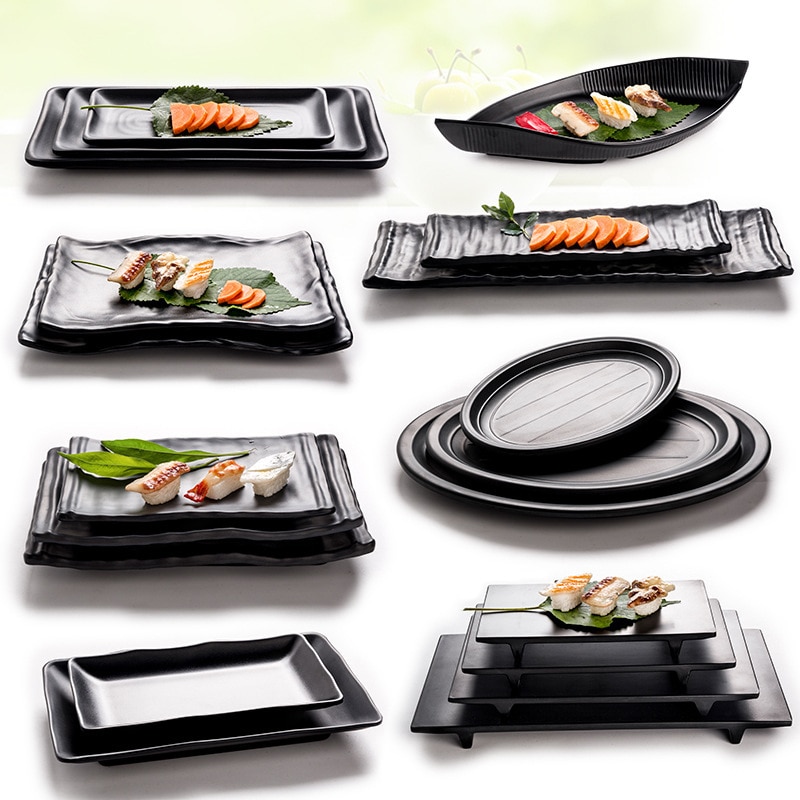 Sort melamin frostet fade imiteret porcelæn tallerken service restaurant mad snacks sushi fiskebakke tallerken tallerken servise