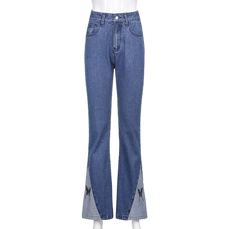 Damskie patchworkowe nadruk z motylem spodnie jeansowe Vintage Cyber Y2k workowate jeansy rozkloszowane 90s spodnie Harajuku Jogger nowa, w stylu Streetwear